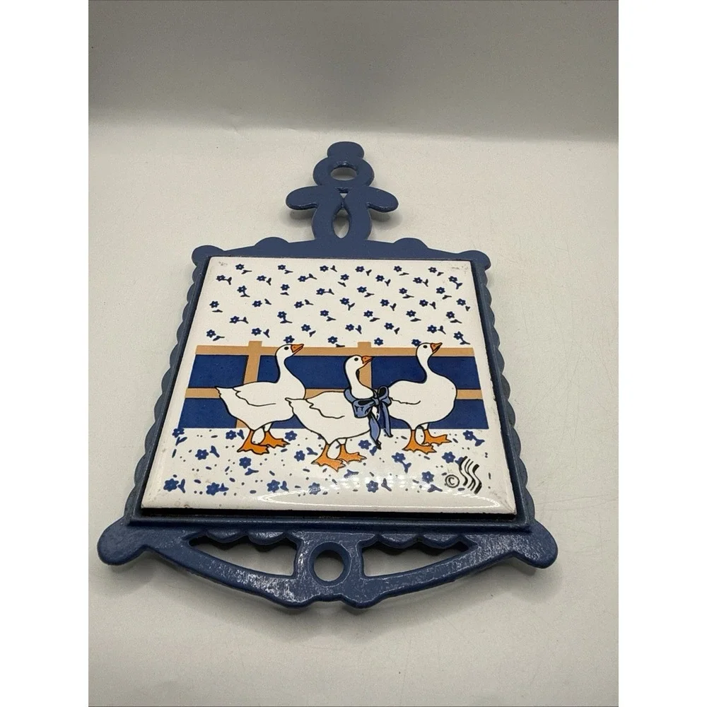 Cast Iron Ceramic Tile Trivet, Blue Ducks Vintage Cottage Core Duck